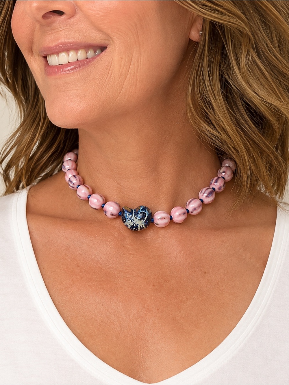Audrey Limoges Collection Pink and Blue Ceramic Bead Shell Necklace 15-17" Long
